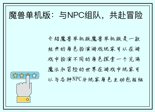 魔兽单机版：与NPC组队，共赴冒险